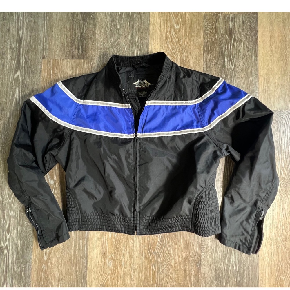 USA Biker Design Jacket Mens L Black Blue Reflective Stripe Water Resistant Moto